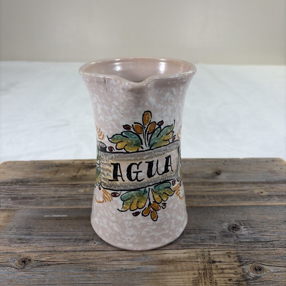 Mexican Style Glazed Pottery Pitcher Velazquez Pte. Az. 7.5" "Agua" Charity